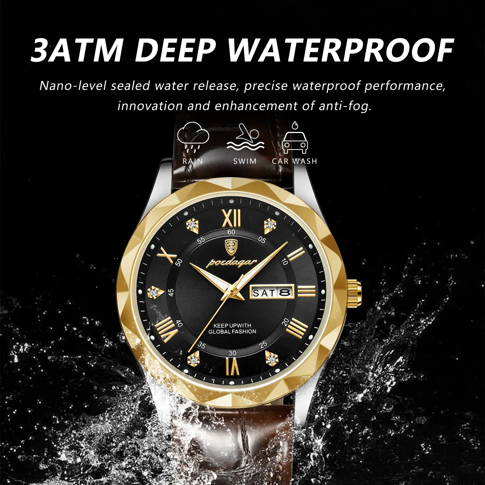 Color: Pink - POEDAGAR Luxury Business Man Wristwatch Waterproof Luminous Date Week Men Watch For Men Quartz Clock Leather Men's Watches reloj