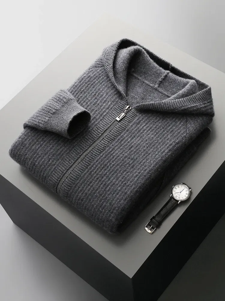 Color: Dark Grey, Size: XXL - Daily Clothes Autumn Winter Sweater Men's Coat 100% Merino Wool Sweater Cardigan Knitted Jacket Thicked Hooded Outerwears Trend