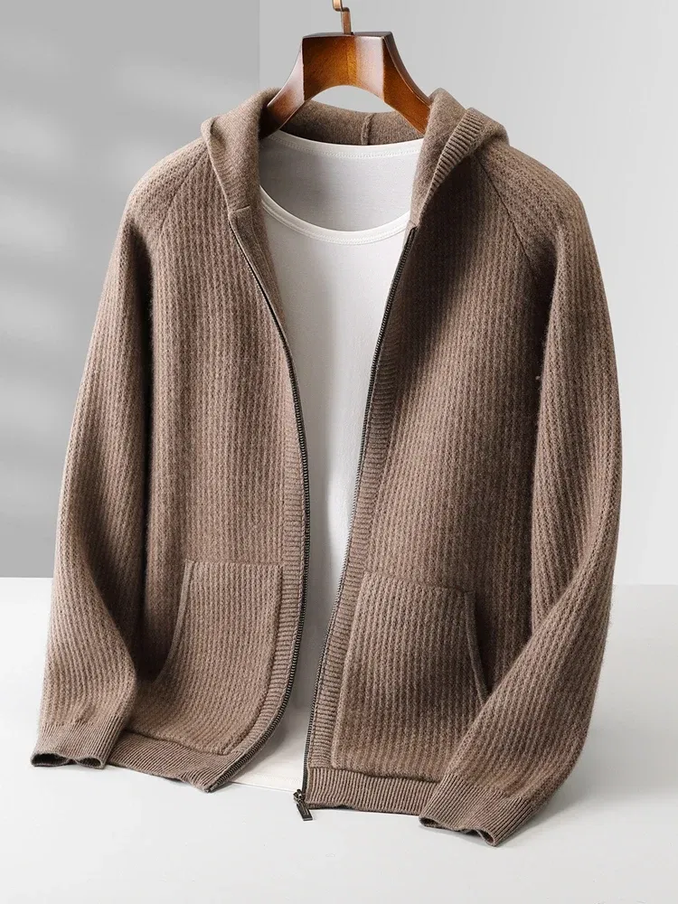 Color: Dark Grey, Size: XXL - Daily Clothes Autumn Winter Sweater Men's Coat 100% Merino Wool Sweater Cardigan Knitted Jacket Thicked Hooded Outerwears Trend