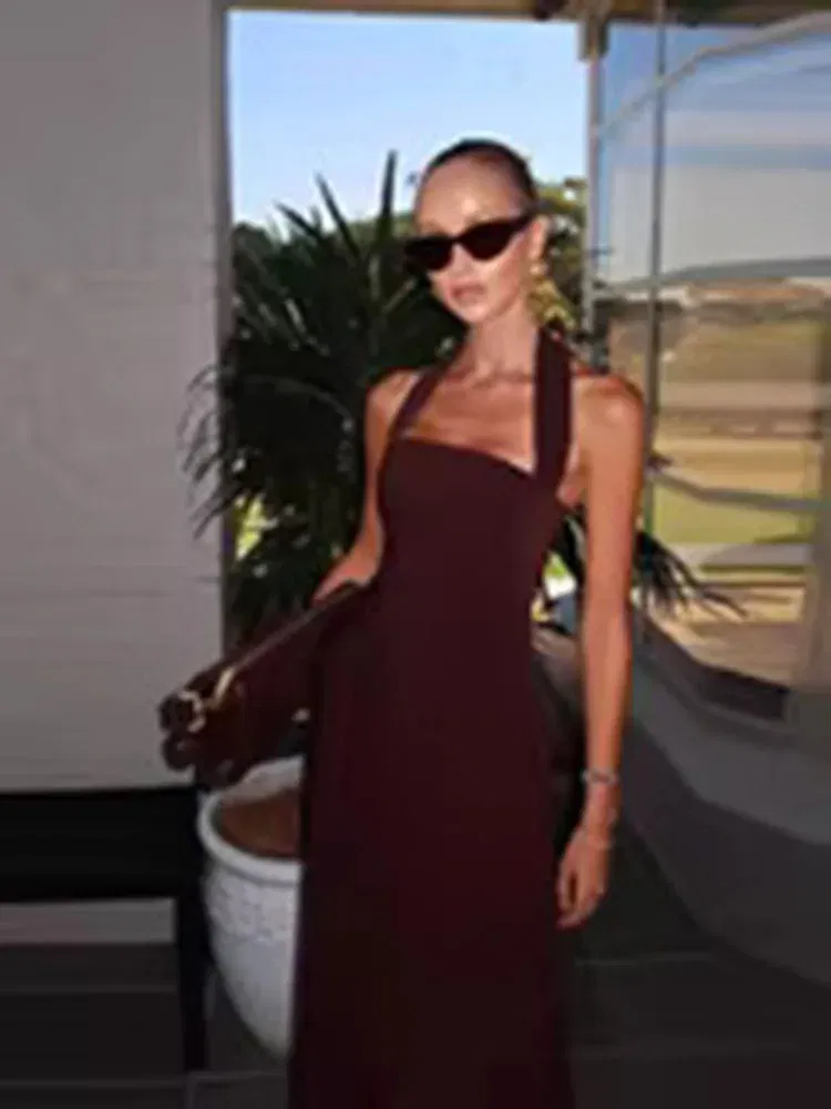 Color: Brown, Size: L, Ships From: CHINA - 2025 Summer Women Off Shoulder Backless Maxi Dress Sexy Halter Neck Slim Waist Ruffle Hem Long Dress