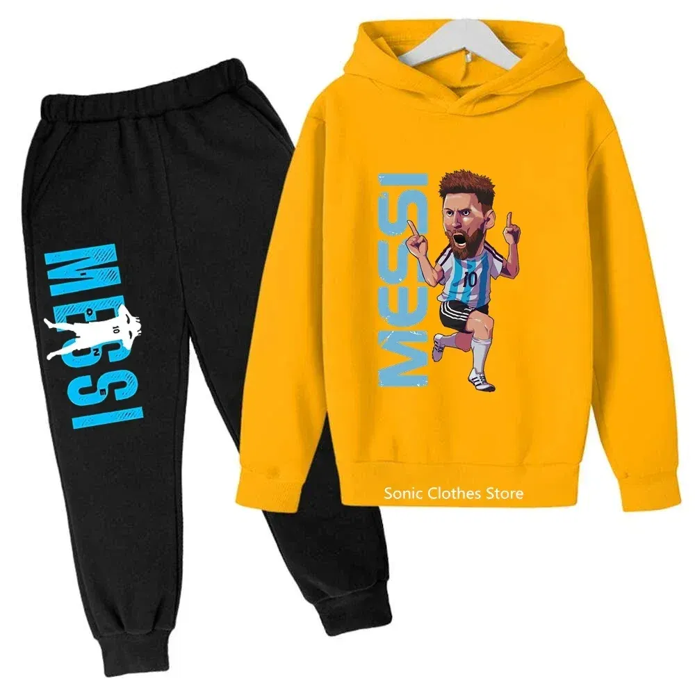 Color: Yellow, Kid Size: 4T - messi avatar printed children's clothing children's autumn and winter hoodies pants 2-piece casual boys and girls suits