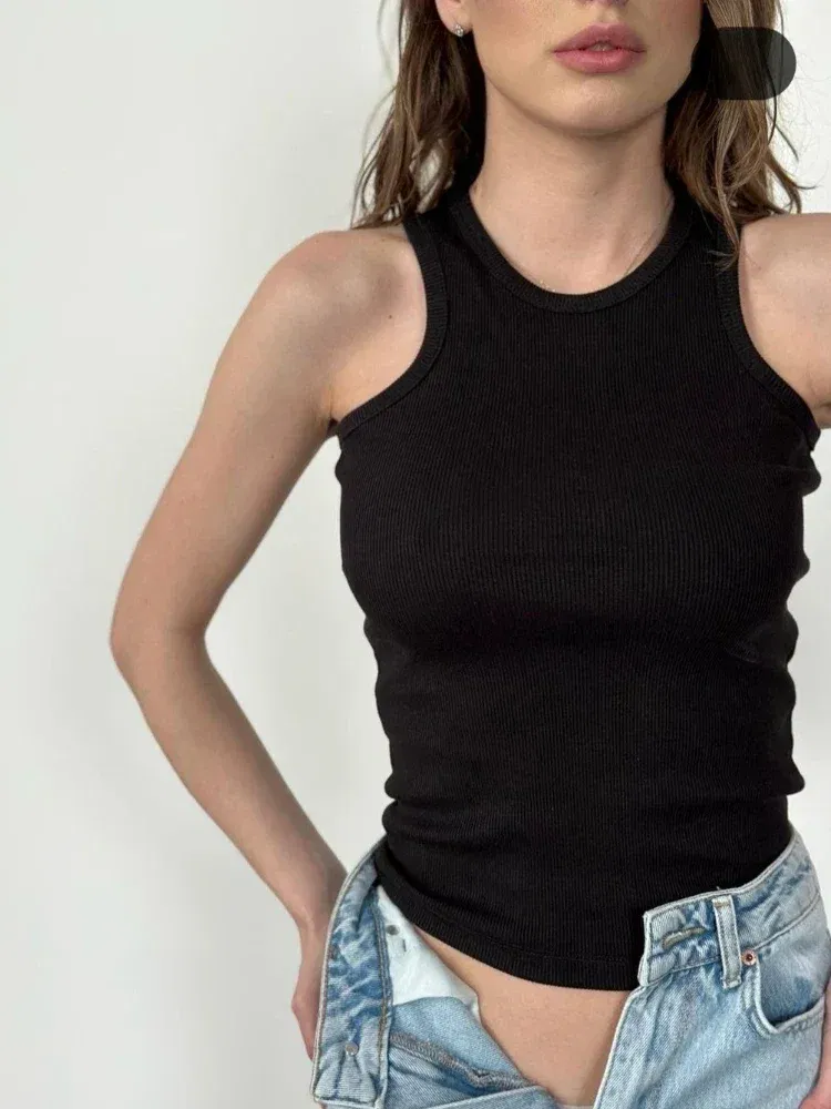 Color: Navy Blue?€ AE existing skus?‰, Size: S - Women's Tees Sleeveless 100% Cotton Tops Summer O Neck Tanks & Camis Vest Slim Solid Sexy Crop Tops for Women Fashion