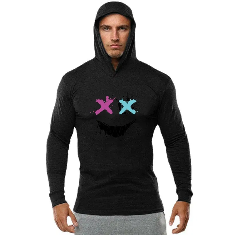 Color: WHITE, Size: L - Trendy Personality Funny XX Smile Face Hoodie Mens Slim Fit Running Long Sleeve Cotton Shirt Gym Training Fitness Hooded T-Shirt
