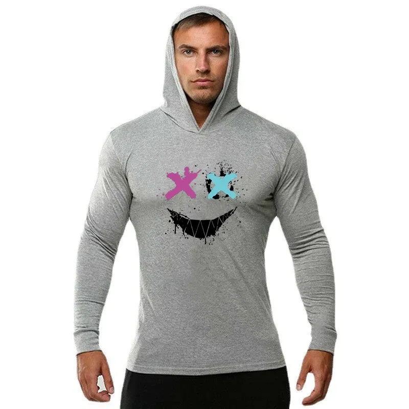Color: WHITE, Size: L - Trendy Personality Funny XX Smile Face Hoodie Mens Slim Fit Running Long Sleeve Cotton Shirt Gym Training Fitness Hooded T-Shirt
