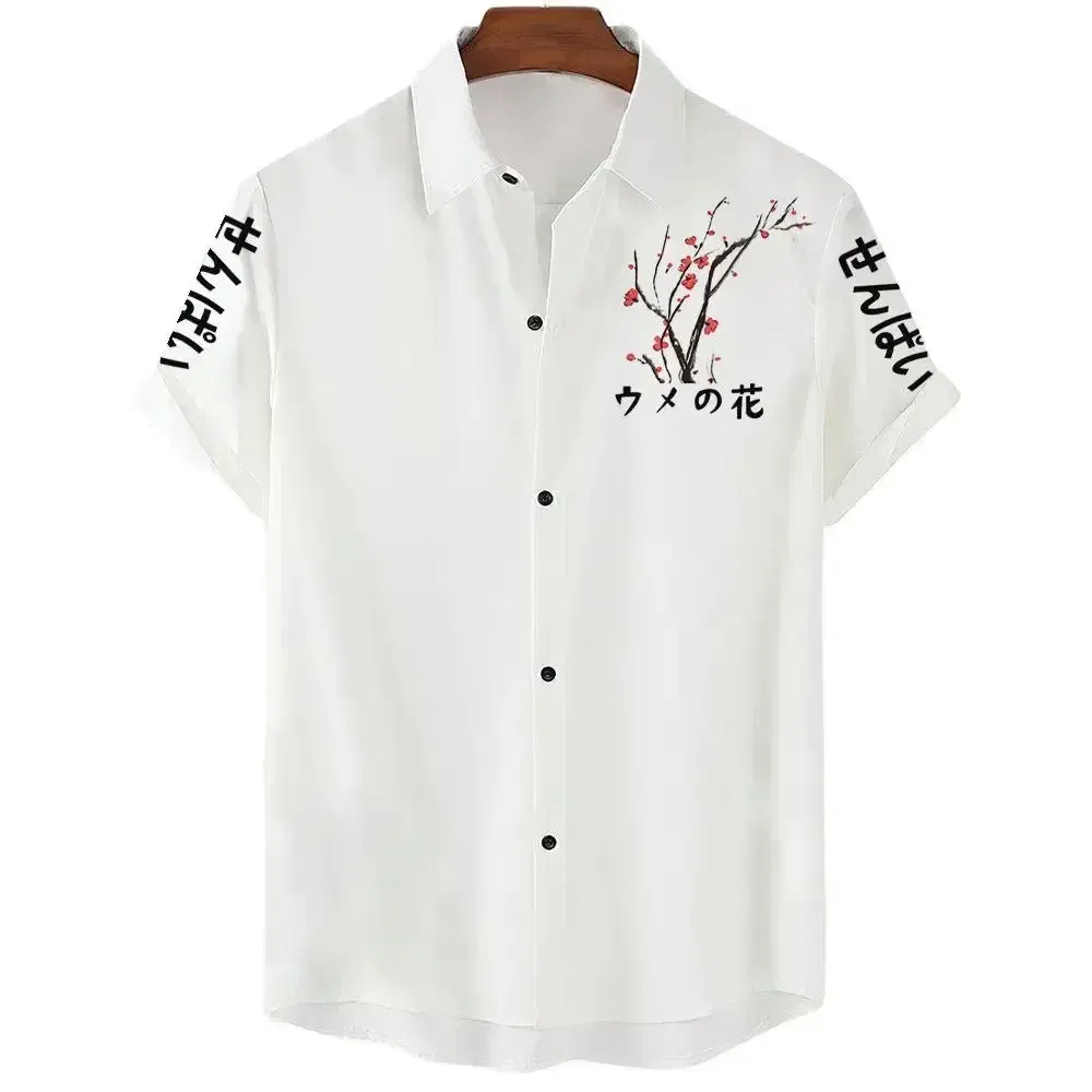 Color: black, Size: M - Fashionable Luxury Social men's Shirt Lapel button-down Shirt Casual Japanese Aesthetic Cherry Blossom Print short-sleeved Tops