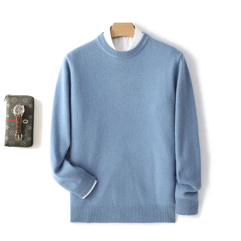 Color: SKY BLUE, Size: L, Ships From: CHINA - Men's 100% Pure Wool Cashmere Sweater O-Neck Pullover Knit Sweater Autumn and Winter New Long Sleeve High-End Jumpers Thick Tops