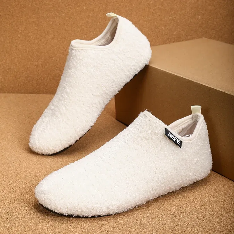 Color: black, Shoe Size: 45, Ships From: CHINA - Winter Fashion Men Slippers Plush Male Home Cotton Shoes Warm Anti-slip Men's Casual Shoes Flexible Solid Flats 39-47 Slip On