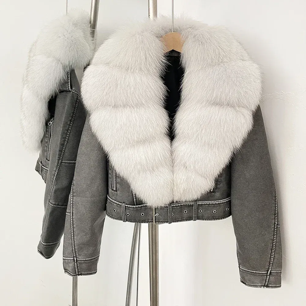 Color: Pink, Size: XS - Fake Leather Coat New Natural Fox Fur Autumn Short Faux Leather Jacket Female Spring PU Women Long Sleeve Real Fur Coat Thin
