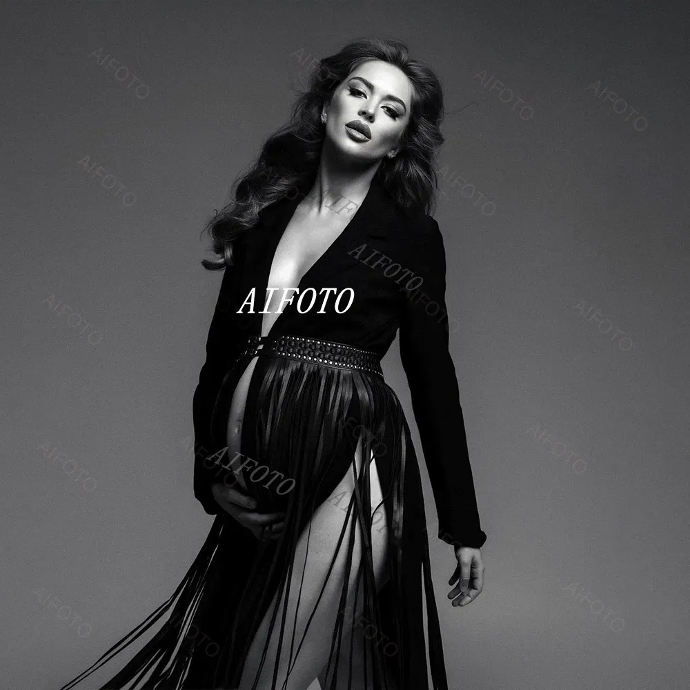 Color: black, Maternity Size: XL - Black Women's Suit Pregnancy Photoshoot Clothes Chic Outerwear Long Tassel Buckle Waist Belt Blazer Maternity Photography Outfit