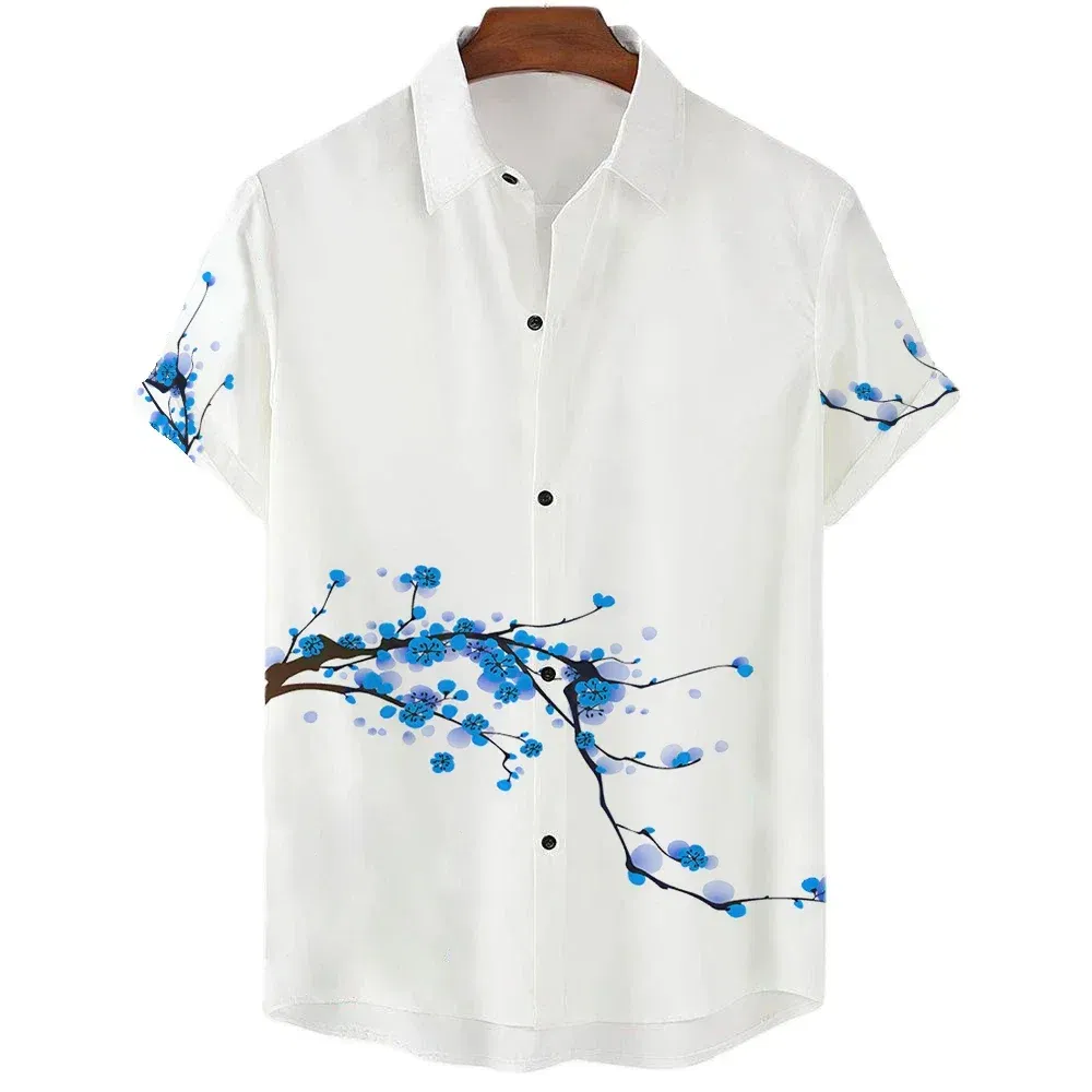 Color: Red, Size: XXL - Fashionable Luxury Social men's Shirt Lapel button-down Shirt Casual Japanese Aesthetic Cherry Blossom Print short-sleeved Tops