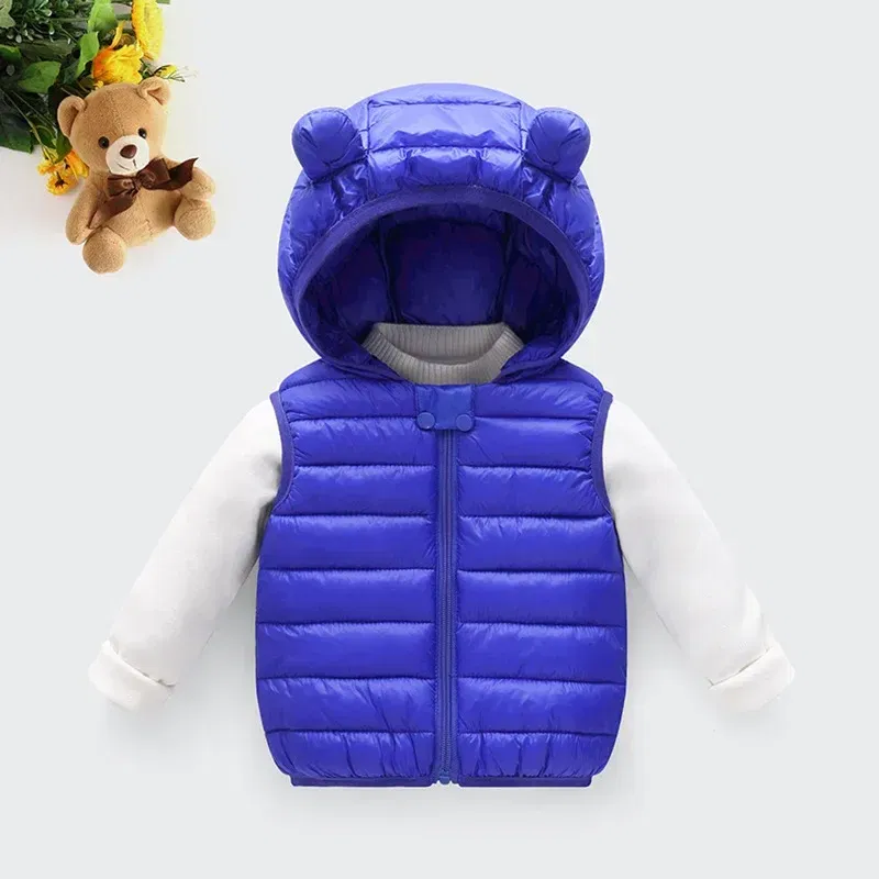 Color: SKY BLUE, Kid Size: 4T - Baby Boys Girl Warm Down Vest Toddler Cotton Waistcoat Children Autumn and Winter Clothes Kids Hooded Jackets 1-6 Years Old