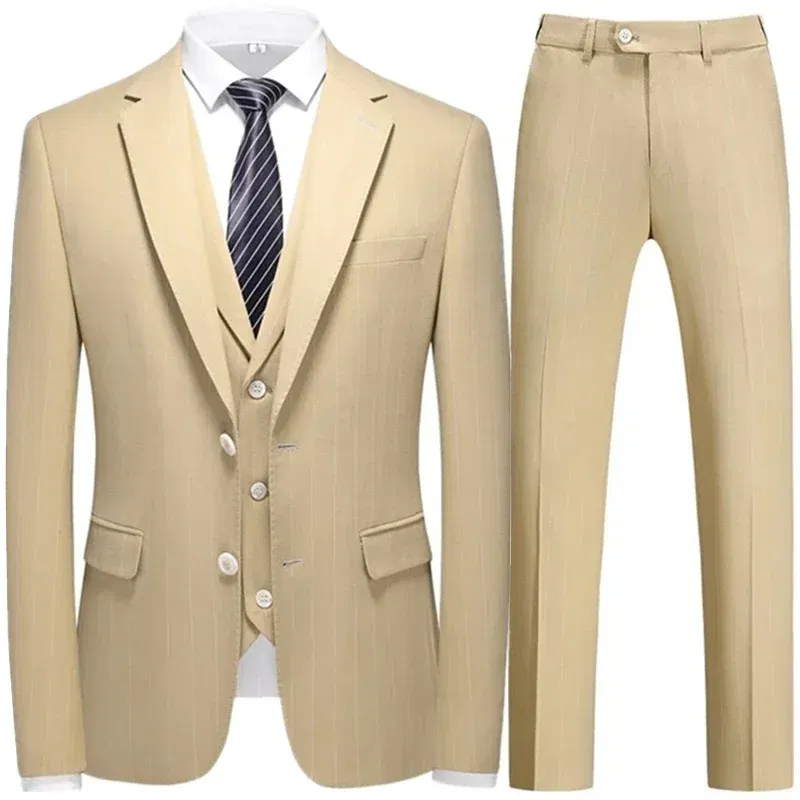 Color: Champagne, Size: 6XL - 3 Pcs Fashion New Men Leisure Boutique Business Plaid Striped Suit Vest Pants Set Casual Dress Blazers Jacket Coat Trosers