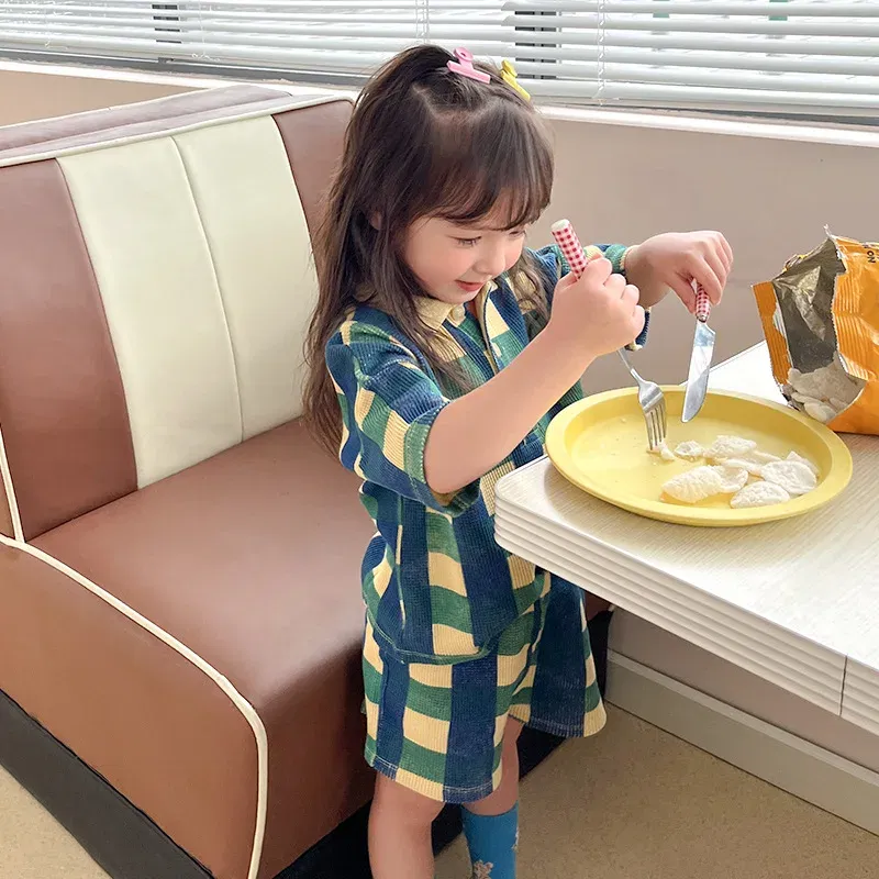 Color: Green, Kid Size: 6T - 2024 INS Children's T-shirt Summer Girls Korean Style Sweet and Cute Dress Polo Top Waffle Set Clothing