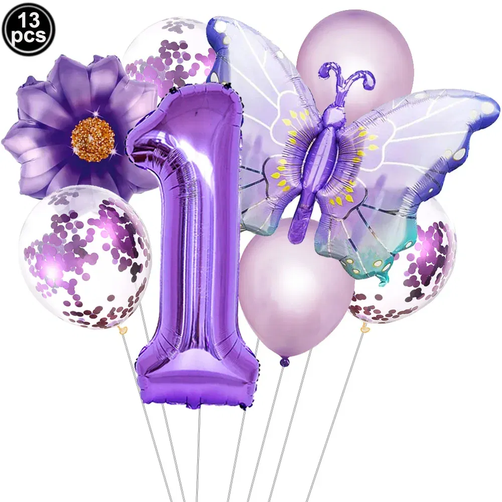 Color: plum - Butterfly Balloon Set 32/40inch Number Balloon Princess Garden Decoration Girl Fairy Birthday Party Balloon