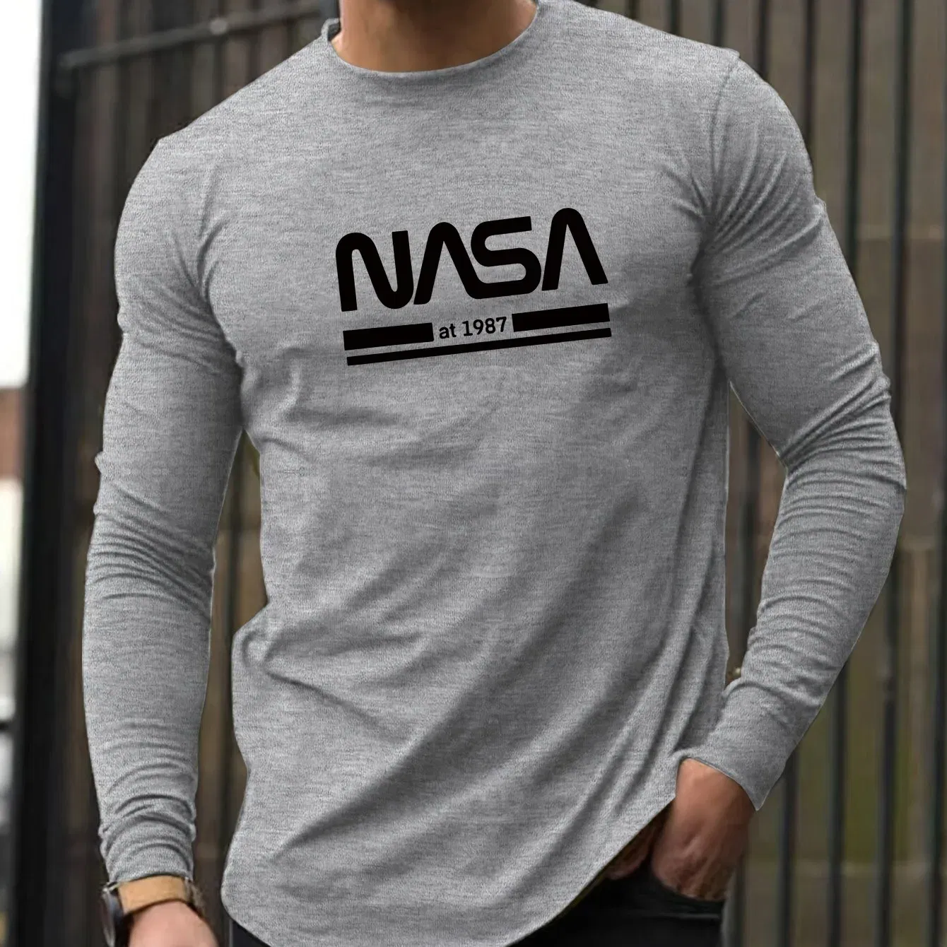 Color: black, Size: XXL - Men's Spring and Autumn 100% Cotton Loose Comfortable Casual NASA Letter Printed Round Neck Long Sleeve T-shirt