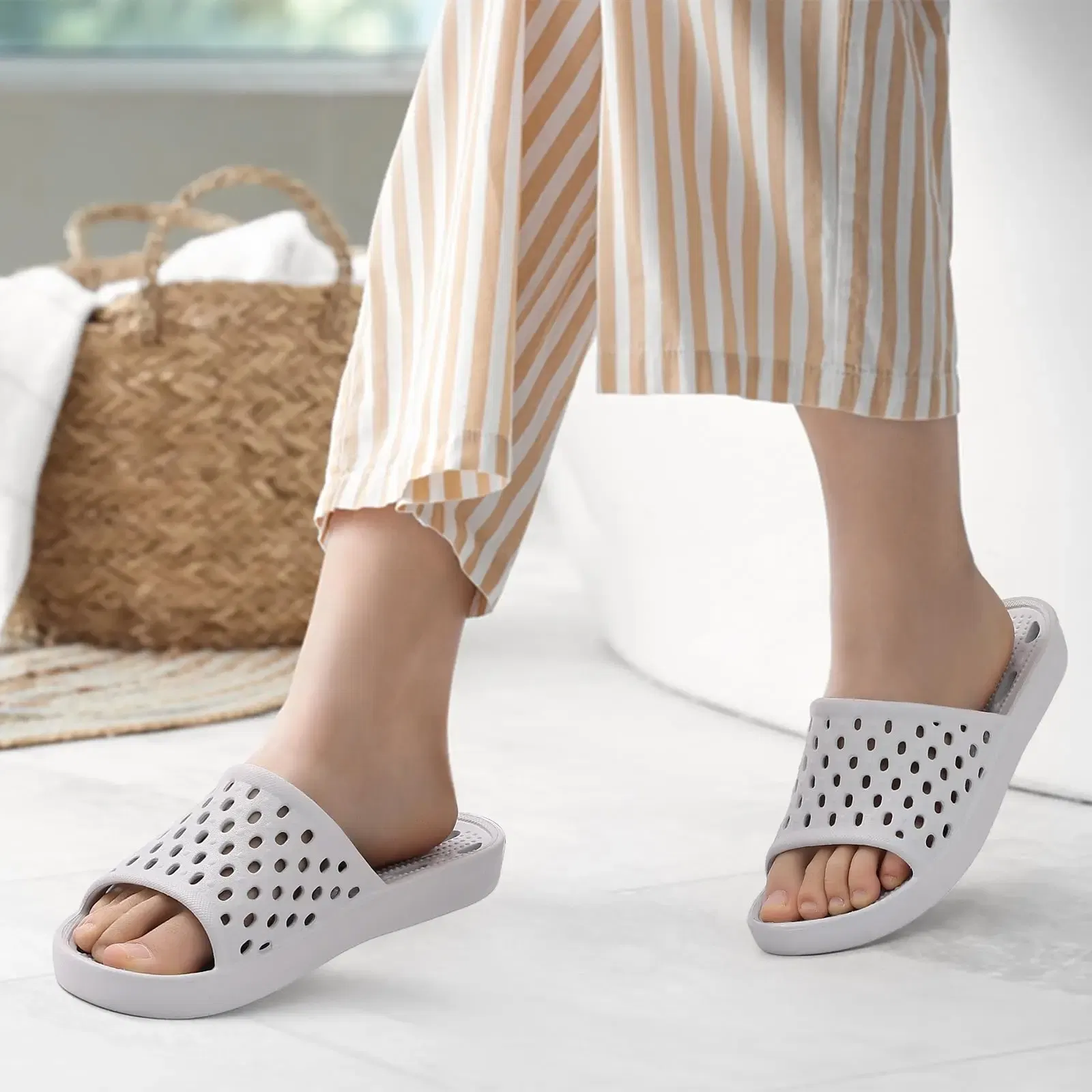 Color: Olivine, Shoe Size: 37 - Pallene Summer New Shower Shoes For Women Quick Dry Pool Sandals With Drain Holes Bathroom Slides Lightweight EVA Home Slippers