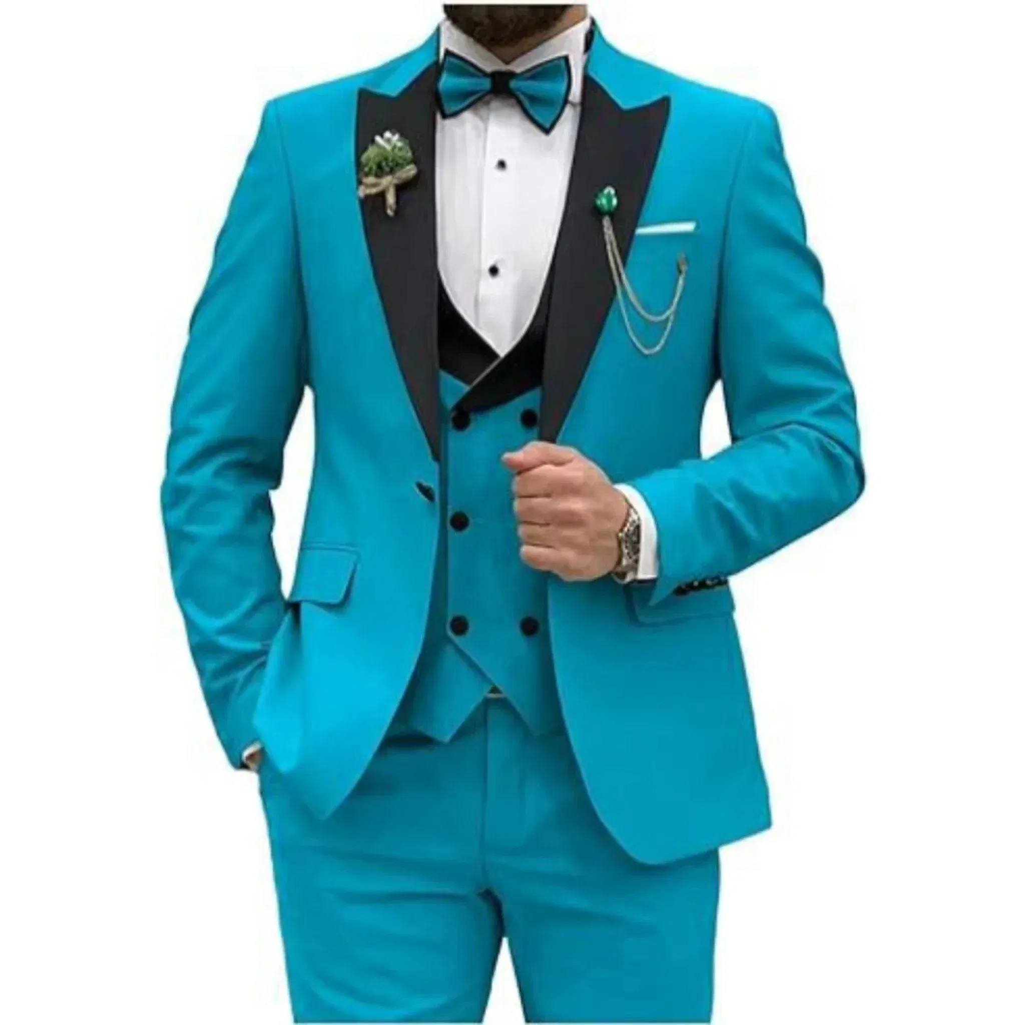 Color: SKY BLUE, Size: M - Men Suit Colorful Luxury Blazer Vest And Pant Sets 3 Piece Birthday Dress Business  Prom Evening Party Costumes High Quality