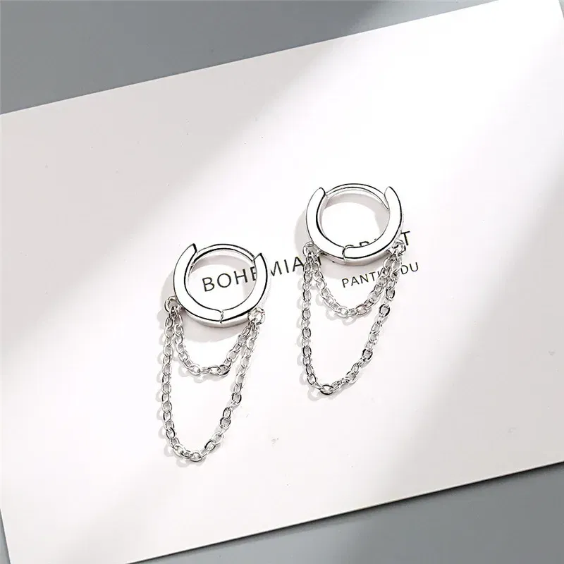 Metal Color: BROWN - Silver Color Punk Style Double Layer Chain Hoop Earring For Women Gold Color Ear Jewelry 2022 New Earrings