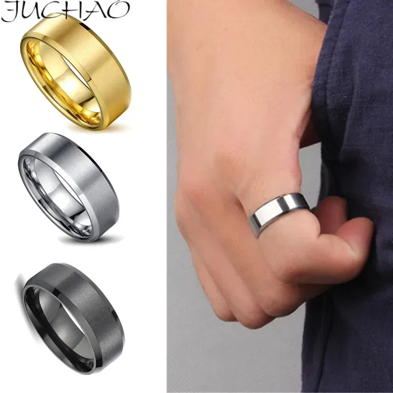 Main Stone Color: Silver, Ring Size: 9 - JUCHAO Classic Ring Men Titanium Black Men Jewelry Wedding Bands Boyfriend Gift Dropshipping