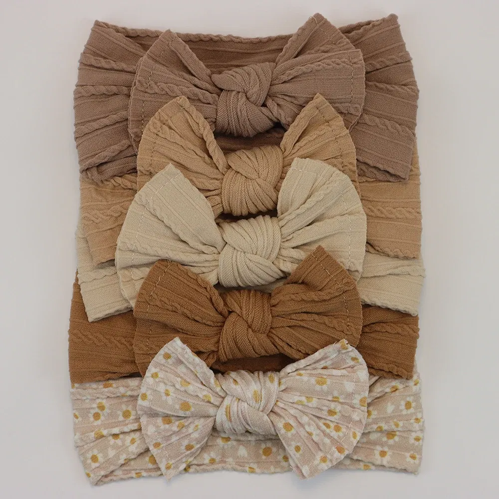 Color: Blue - 5pcs/Lot Cable Knit Bow Baby Headbands Elastic Nylon Baby Girl Headband For Children Turban Newborn Infant Kids Hair Accessories