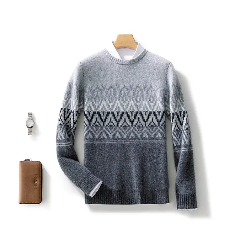 Color: GRAY, Size: XL - 100% Pure Wool Pullover Sweater Men's Round Neck Knitted Sweater Autumn Winter Thick Warm Ethnic Style Men's Clothing