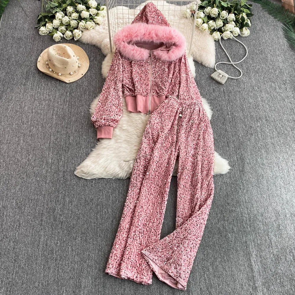 Color: Pink, Size: One Size - Fashion Velvet Casual Suit Winter Clothes New Sweet Sequins Hooded Fur Collar Sweatshirt Wide Leg Pants Ladies Two-Piece Set