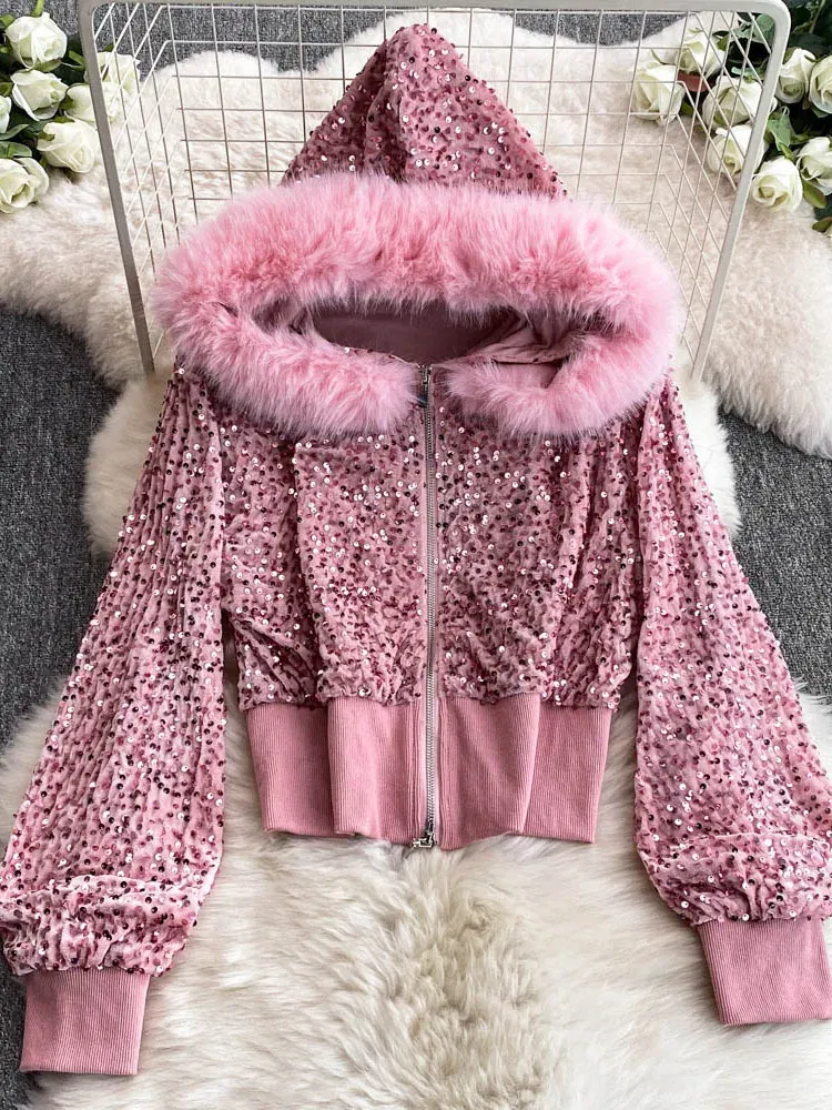 Color: Pink, Size: One Size - Fashion Velvet Casual Suit Winter Clothes New Sweet Sequins Hooded Fur Collar Sweatshirt Wide Leg Pants Ladies Two-Piece Set