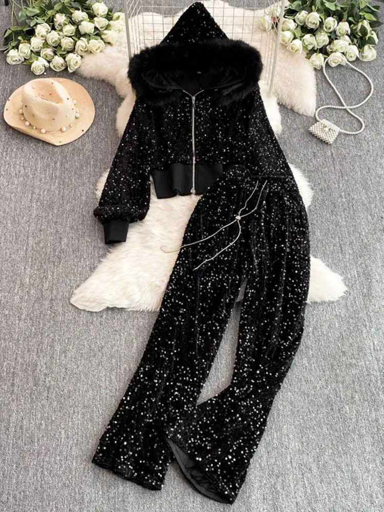 Color: Pink, Size: One Size - Fashion Velvet Casual Suit Winter Clothes New Sweet Sequins Hooded Fur Collar Sweatshirt Wide Leg Pants Ladies Two-Piece Set