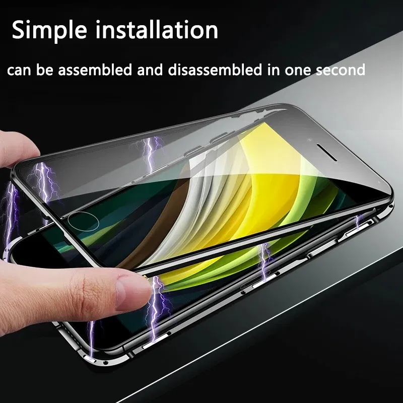 Color: Silver, Material: PP - Magnetic Metal Case For iPhone 15 14 13 12 11 Pro 14Pro Max XS X XR 7 8 14Plus 12 Mini SE 2020 Double Sided Tempered Glass Cover
