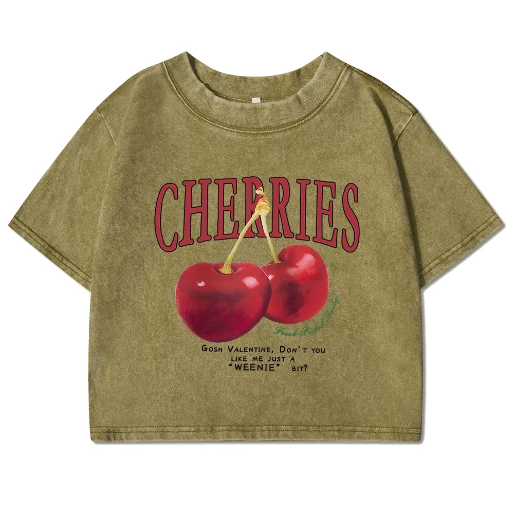 Color: army green, Size: S - Red Cherries Letter Printed Female T-shirt Fashion Summer Washed Clothing Casual Cotton Crop Top Retro Tee Shirts For Women