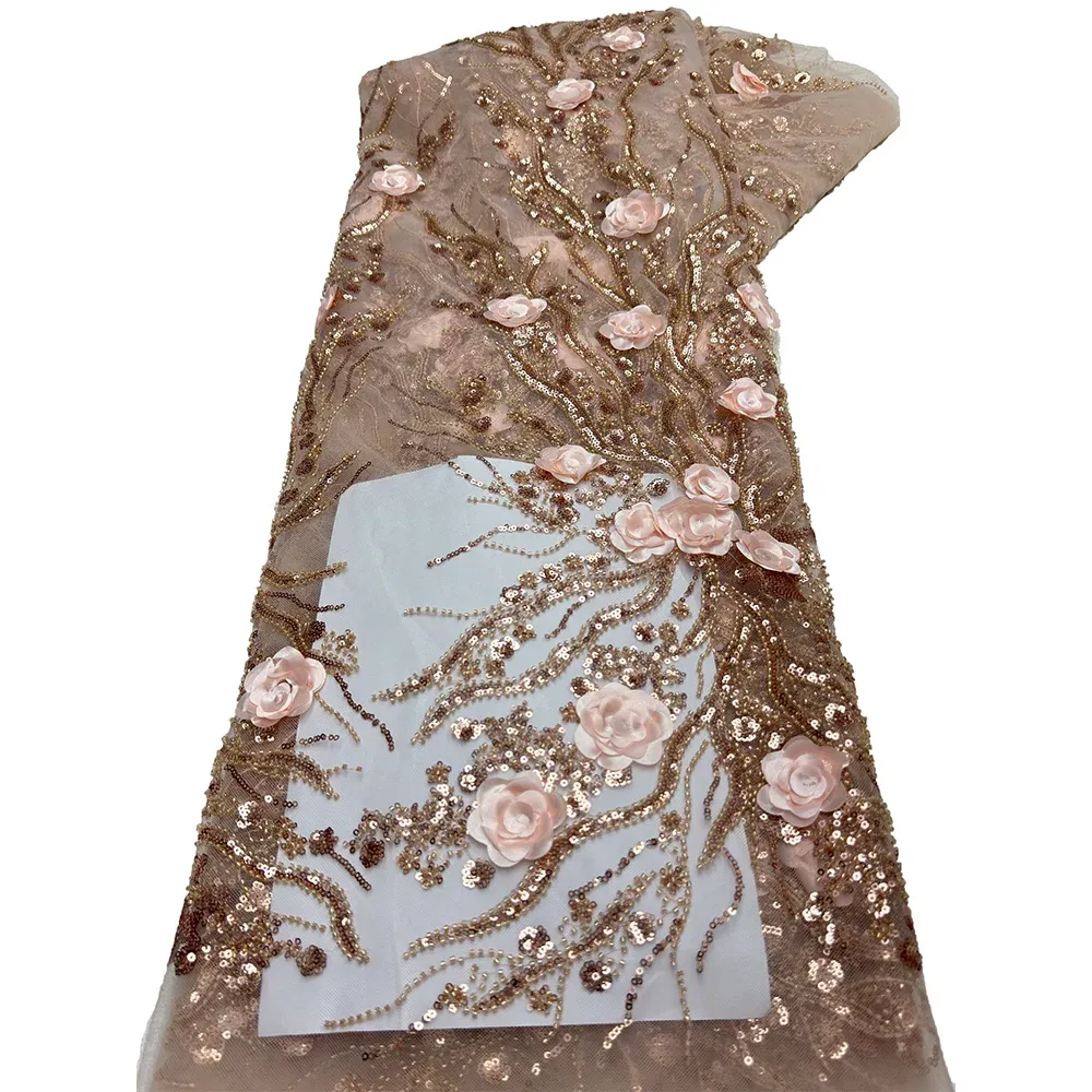 Color: pink, Length: 5 yards, Width: 120cm - 2.5 yards African Sequins Beaded Groom Lace Fabric High Quality French Tulle Lace Fabric Embroidery Nigerian Lace Fabrics Sewing