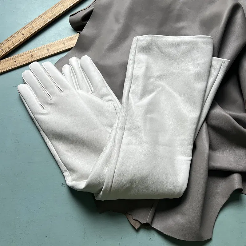 Color: black, Gloves Size: One Size - 50cm New Genuine Leather White Women's High Grade Party Mittens Sheepskin Lady Winter Velvet long Gloves Creamy Ivory Snow White