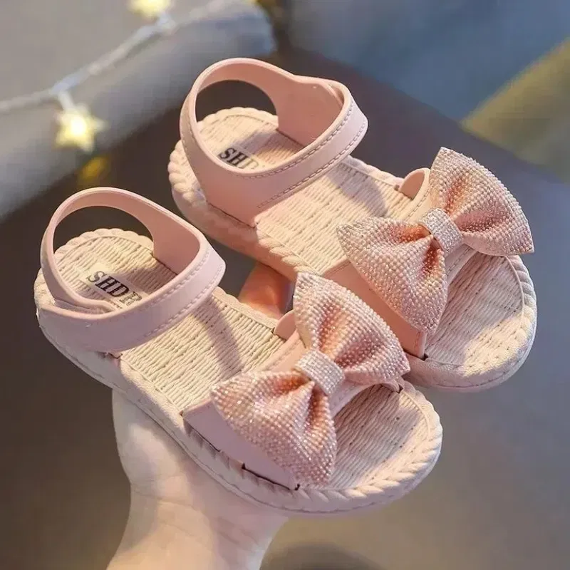 Color: Beige, Shoe Size: 3.5 - Girls Sandals 2024 Summer Princess Children Sandals Bow Tie Girl Shoes Fashion Casual Non Slip Kids Beach Shoes