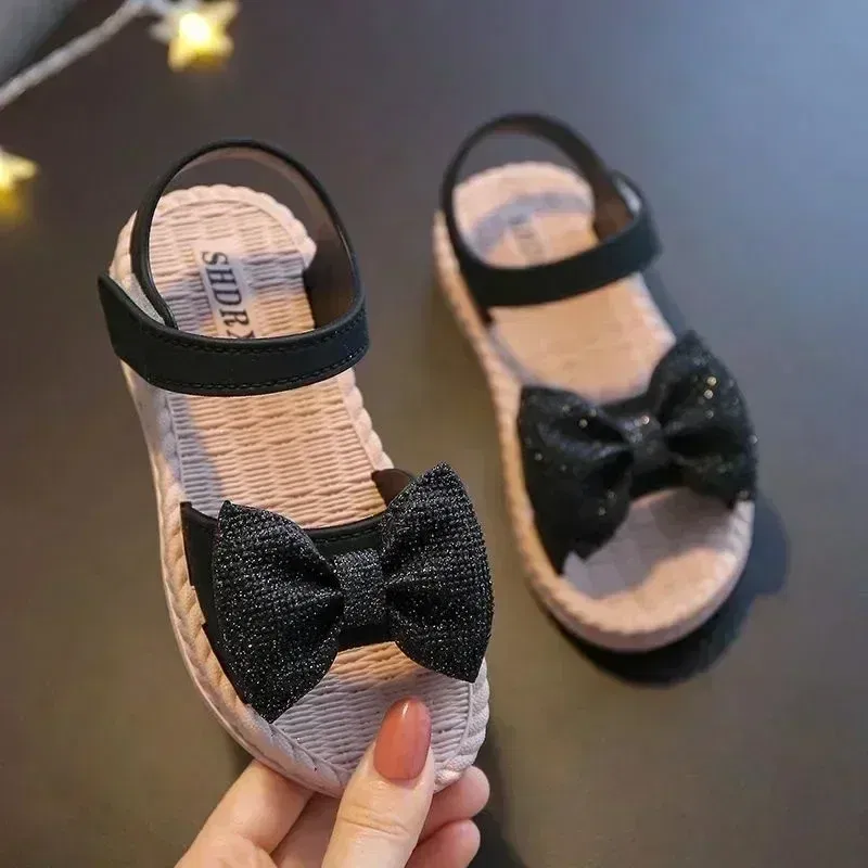 Color: Beige, Shoe Size: 3.5 - Girls Sandals 2024 Summer Princess Children Sandals Bow Tie Girl Shoes Fashion Casual Non Slip Kids Beach Shoes