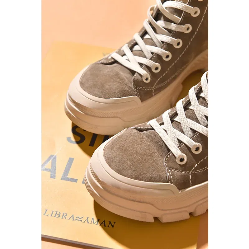 Color: Orange, Shoe Size: 7 - BeauToday Casual Sneakers Women Suede Leather Round Toe Lace-Free High Top Ladies Retro Fashion Flat Shoes Handmade 29575