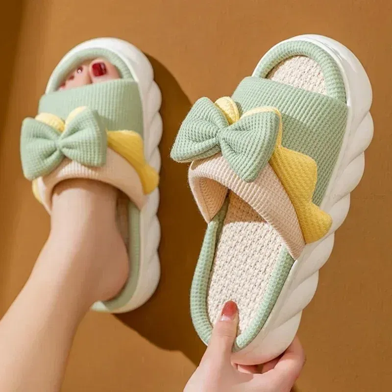 Color: Straw, Shoe Size: 38 - Linen Slippers Women Indoor Slippers Comzy Anti-Slip House Cotton Shoes Cute Bowknot Flat Slipper Couples Slides Spring Summer