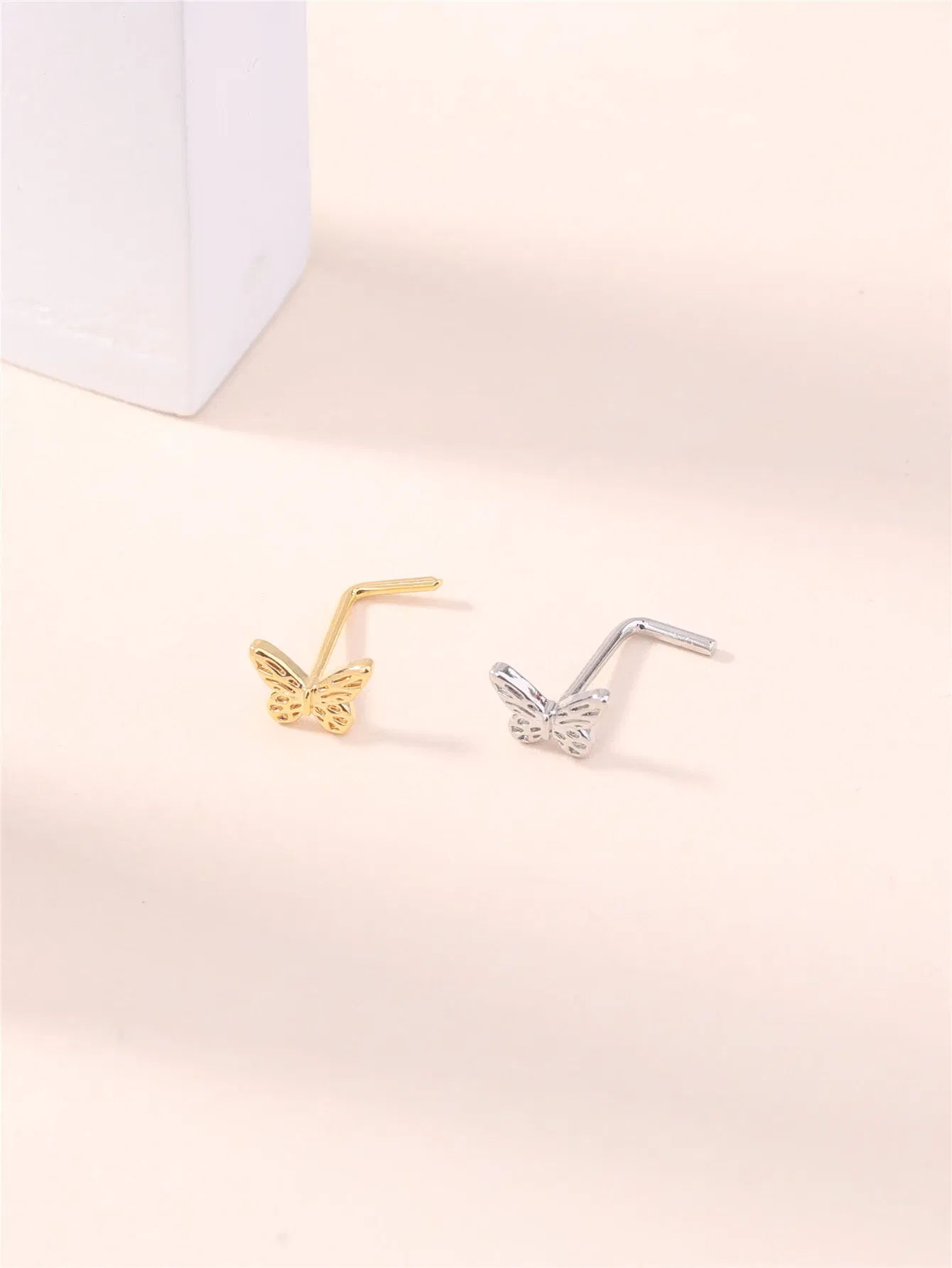 Metal color: Gold-color - 20G L Shaped Nose Studs Simple Mini Butterfly Design Gold Silver Color Nose Piercing for Women Girl Nostril Jewelry
