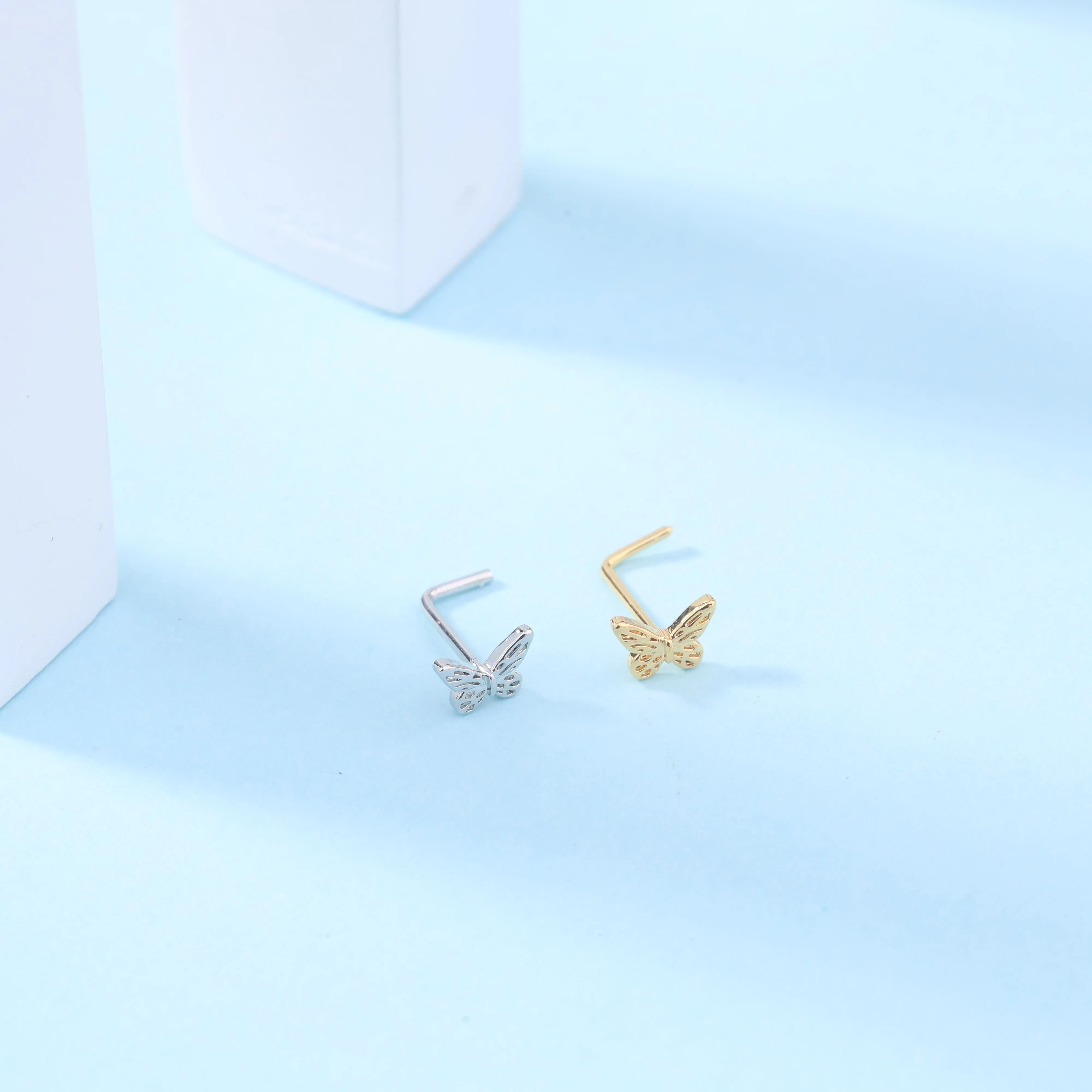 Metal color: Gold-color - 20G L Shaped Nose Studs Simple Mini Butterfly Design Gold Silver Color Nose Piercing for Women Girl Nostril Jewelry
