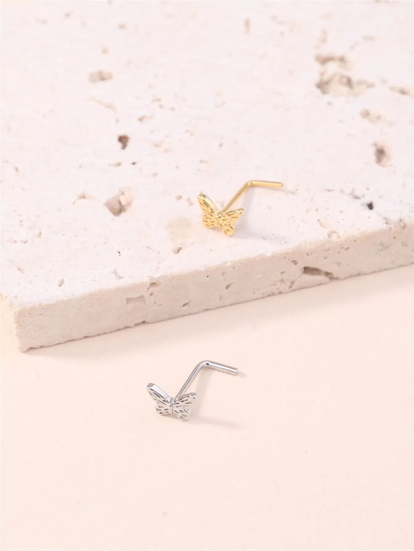 Metal color: Gold-color - 20G L Shaped Nose Studs Simple Mini Butterfly Design Gold Silver Color Nose Piercing for Women Girl Nostril Jewelry
