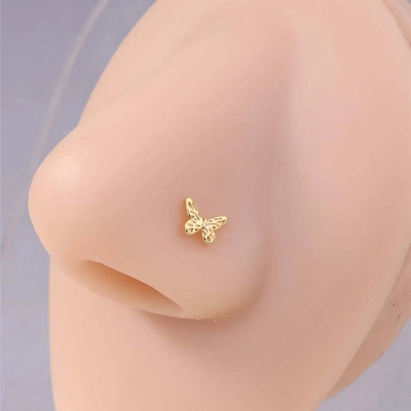 Metal color: Gold-color - 20G L Shaped Nose Studs Simple Mini Butterfly Design Gold Silver Color Nose Piercing for Women Girl Nostril Jewelry