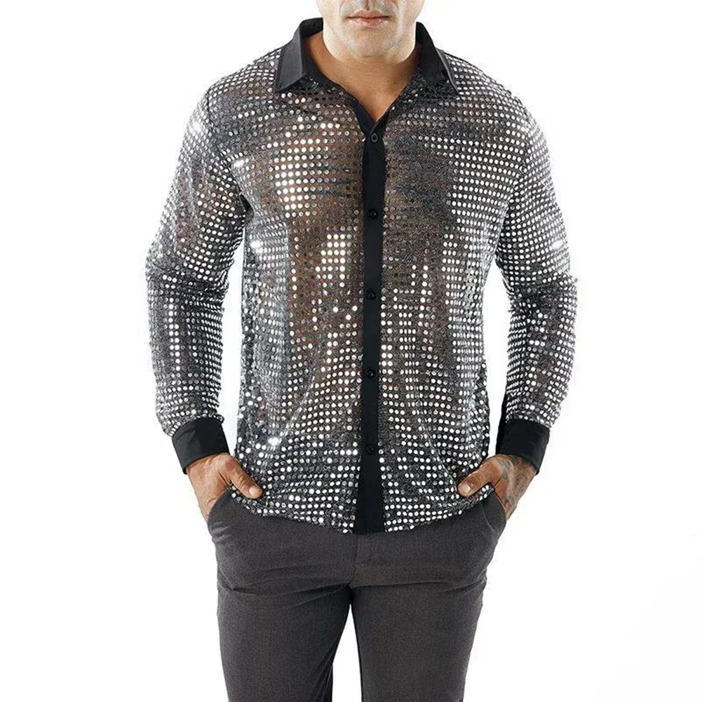 Color: Silver, Size: XL, Ships From: CHINA - 2023 Fashion Mens Sparkly Sequins Party Dance Shirts Retro 70s Disco Nightclub Shirt Tops Single Breasted Performance Clothing