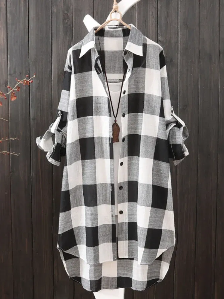 Color: black, Size: M - Women's Plaid Cotton Shirt Chic Women Blouse Elegant and Youth Women's Blouses New In External Clothes Korean Style