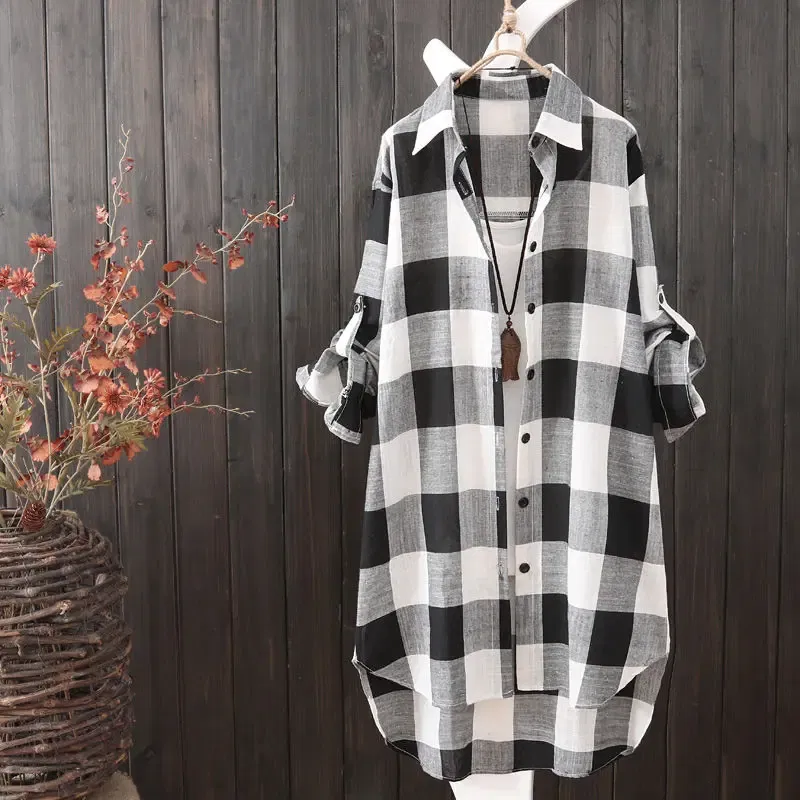 Color: black, Size: M - Women's Plaid Cotton Shirt Chic Women Blouse Elegant and Youth Women's Blouses New In External Clothes Korean Style