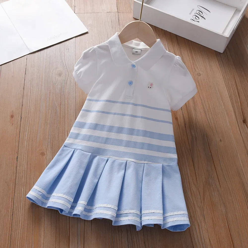 Color: army green, Kid Size: 4 - Girls' Fashion Polo Dress with Stripes Kids Elegant Puffed Sleeves Clothes Baby Girls Summer Dresses
