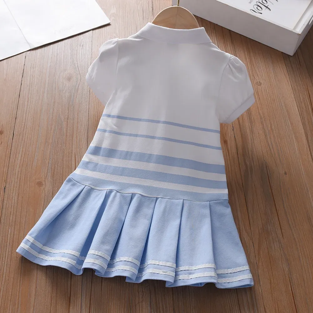 Color: army green, Kid Size: 4 - Girls' Fashion Polo Dress with Stripes Kids Elegant Puffed Sleeves Clothes Baby Girls Summer Dresses