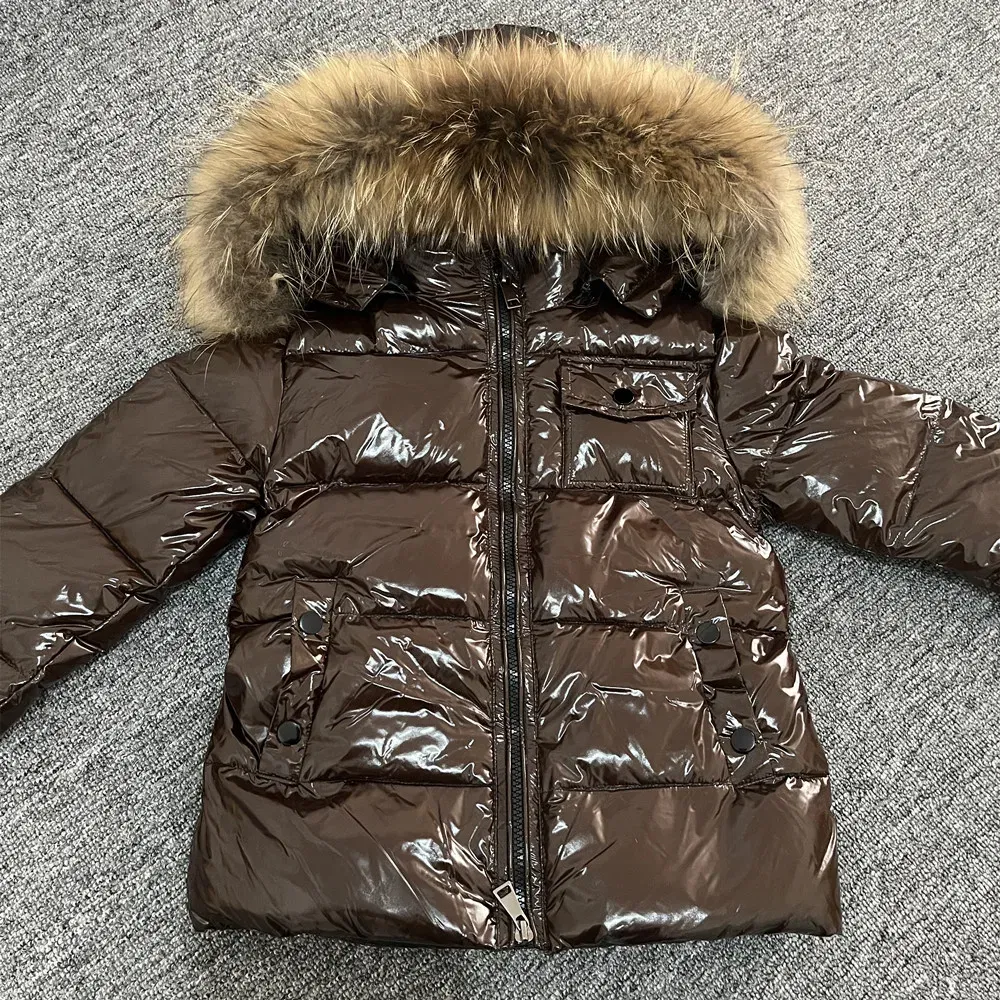 Color: green, Kid Size: 8 - Kids Winter Down Jacket Shiny Real Raccoon Fur Collar Toddler Boys Hooded Coat Baby Girls Warm Snowsuit Children's Parkas