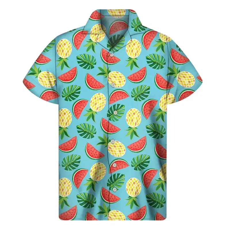 Color: Gold, Size: 4XL - Tropical Watermelon Graphic Hawaiian Shirt Summer Street Short Sleeves 3d Printed Fruits Button Shirts Men Clothes Lapel Blouse