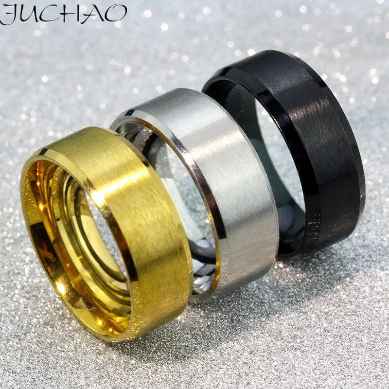 Main Stone Color: Silver, Ring Size: 8 - JUCHAO Classic Ring Men Titanium Black Men Jewelry Wedding Bands Boyfriend Gift Dropshipping