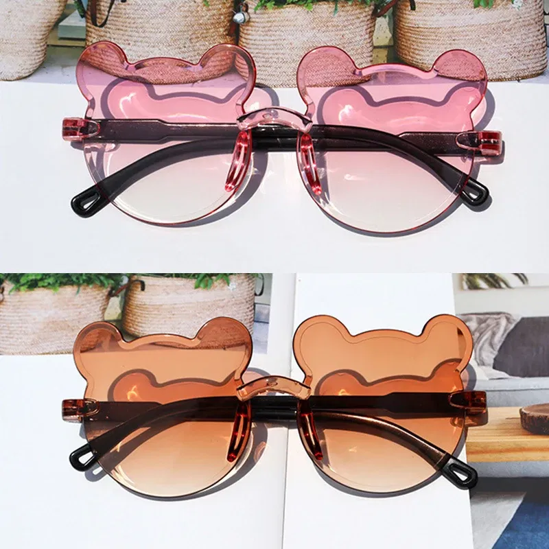 Lenses Color: ROSE RED - Hot Sale!Children Cute Cartoon Bear Shape Sunglasses Boy Girls Summer Anti-UV UV400 Rimless Sun Glasses Kids Outdoor Sun Glasses