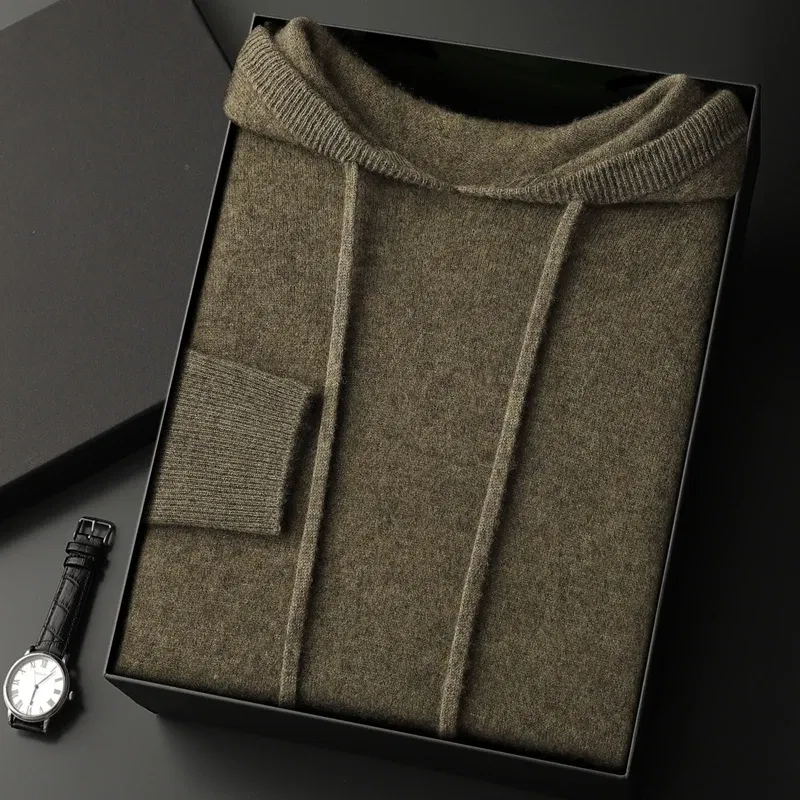 Color: army green, Size: XL - Yoyoselect Men's 100% Cashmere  Luxury Sweater Hoodie Autumn Winter Thick Warm Hooded Pullover Casual Smart Jumpers Knitwear Top